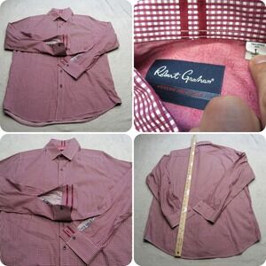 Robert Graham Shirt Men Large Maroon White Check‎ Tailored Flip Cuff Button Up